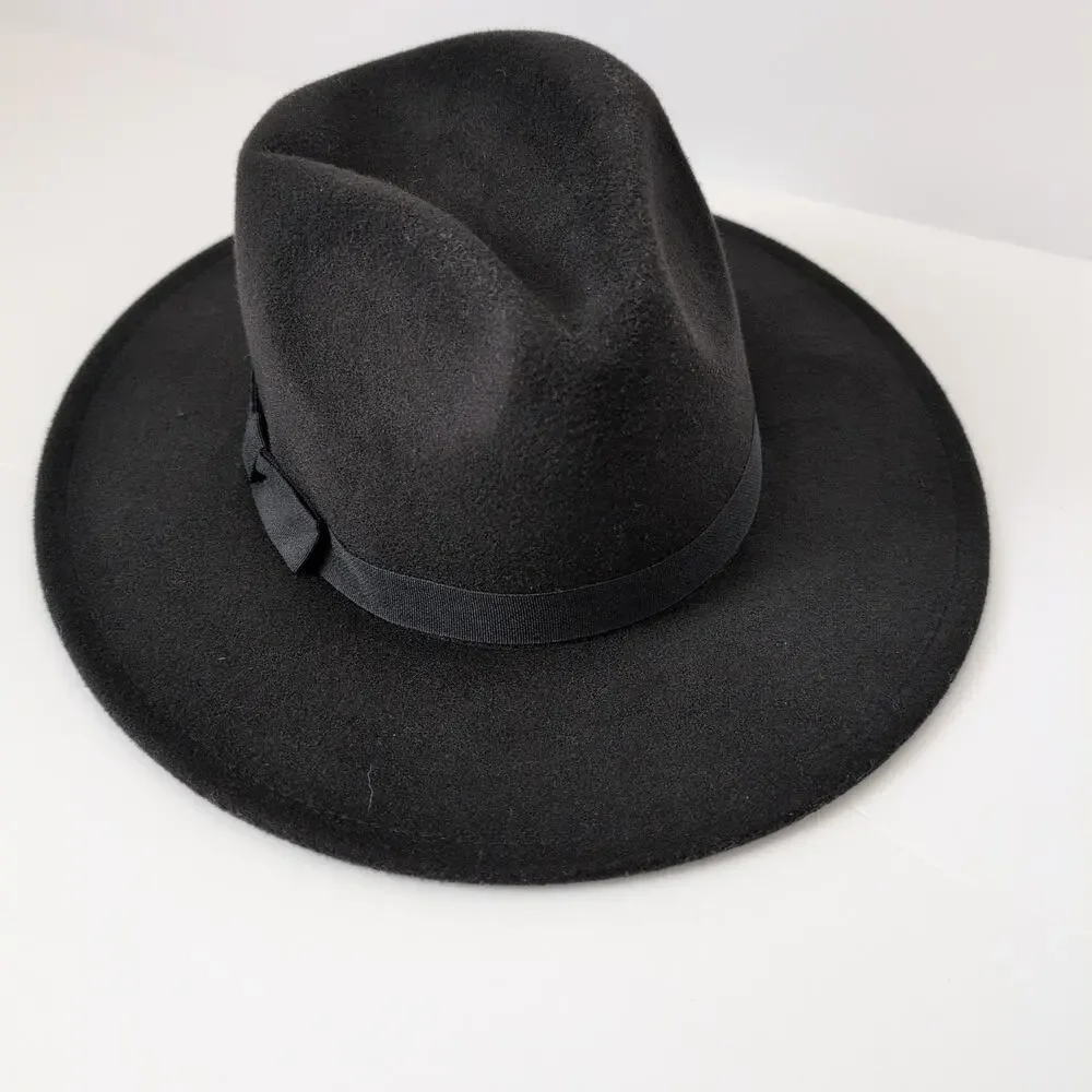 Abercrombie &‎ Fitch Black Hat Womens Felted Wide Brim Fedora Rancher Panama EUC